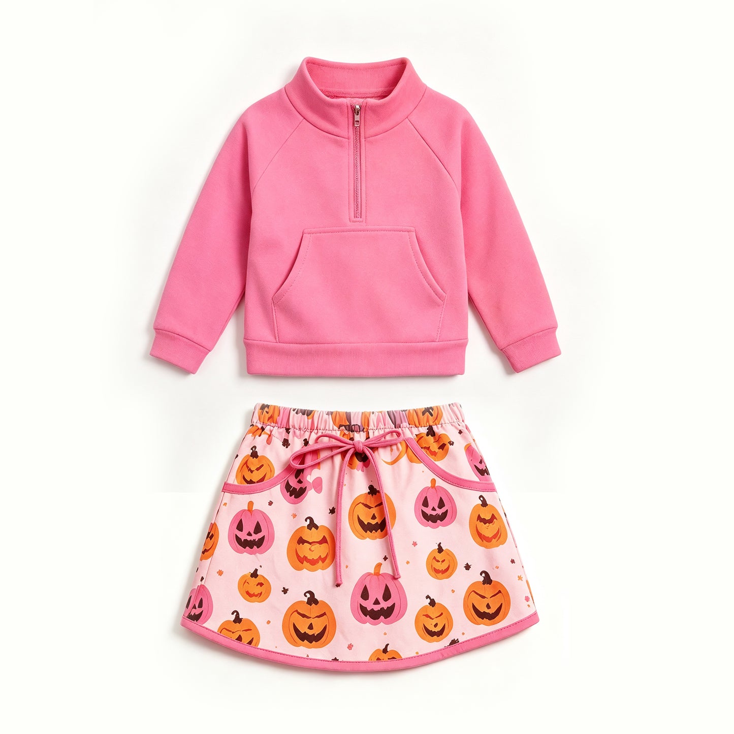 7.11 Preorder Kids Girls Pink Pullover Top with Pumpkin Skort Outfit
