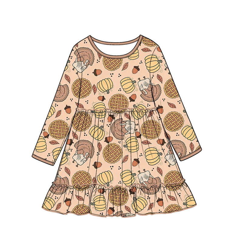 7.16 GLD1691 Preorder Turkey Pumpkin Pie Print Girls Thanksgiving Dress