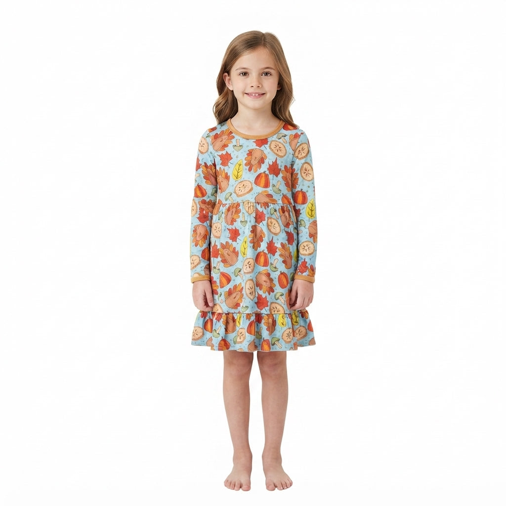 GLD1692 Turkey Pumpkin Pie Leaf Print Girls Thanksgiving Dress