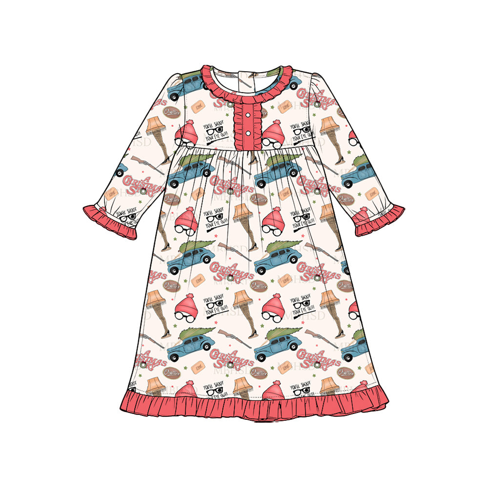 7.16 GLD1693 Preorder Christmas Story Car Print Girls Long Sleeve Pajamas Gown Dress
