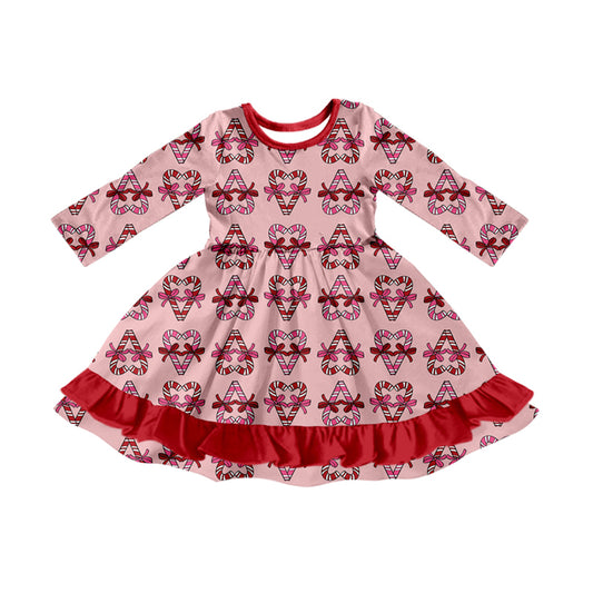 7.17 GLD1695 Preorder Kids Girls Christmas Candy Cane Long Sleeve Dress