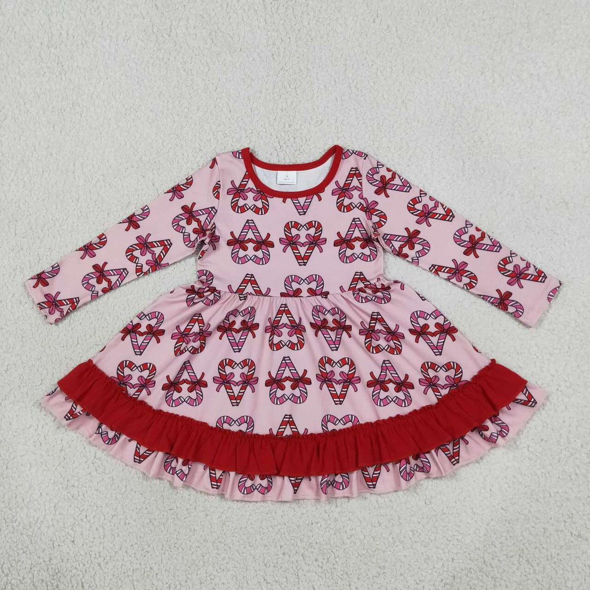 GLD1695 Candy Cane Bows Print Girls Christmas Long Sleeve Ruffle Dress