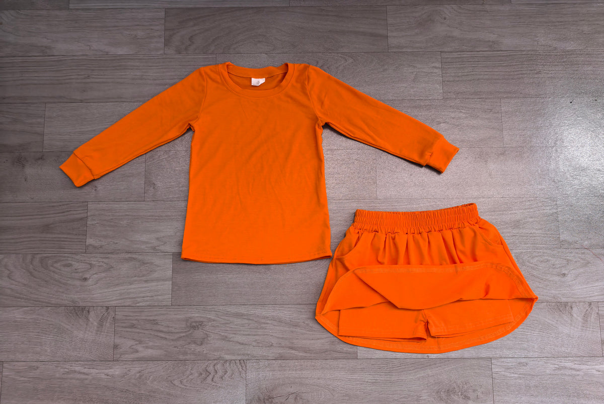 7.20 GLD1696 Preorder Pumpkin Cotton Long Sleeve Top Skort Girls Fall Clothes Set