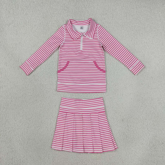 GLD1699 Pink Stripes Zipper Top Pleated Skort Girls Yoga Clothes Set