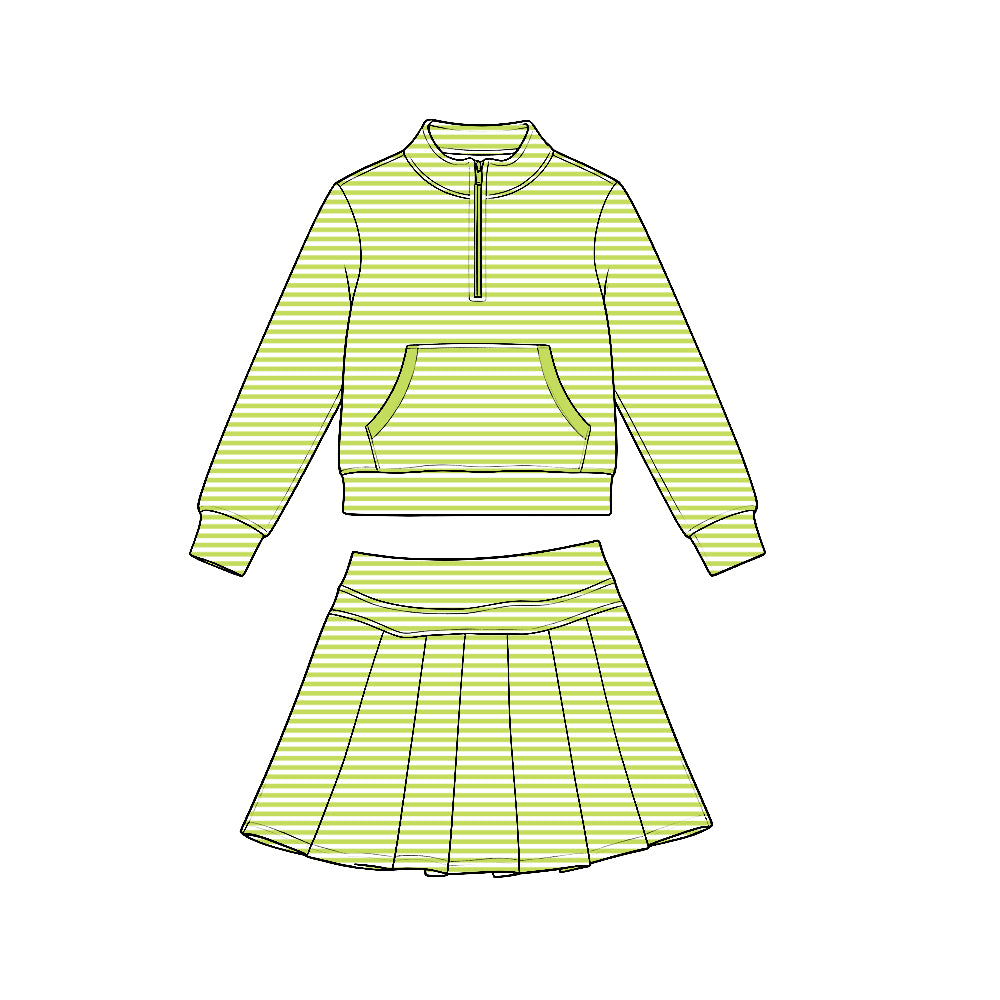 7.21 Preorder GLD1700 Green Stripes Zipper Top Skort Girls Yoga Clothes Set