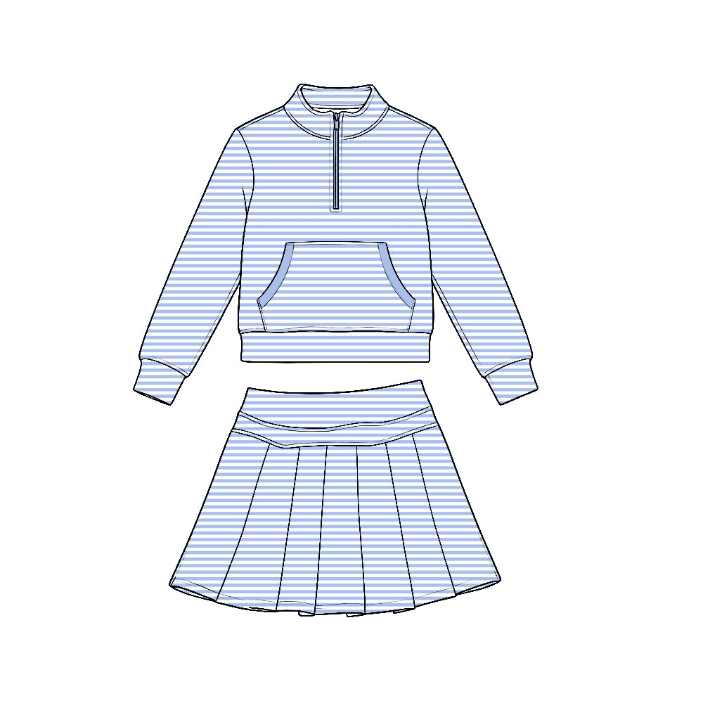 7.21 Preorder GLD1702 Blue Stripes Zipper Top Skort Girls Yoga Clothes Set