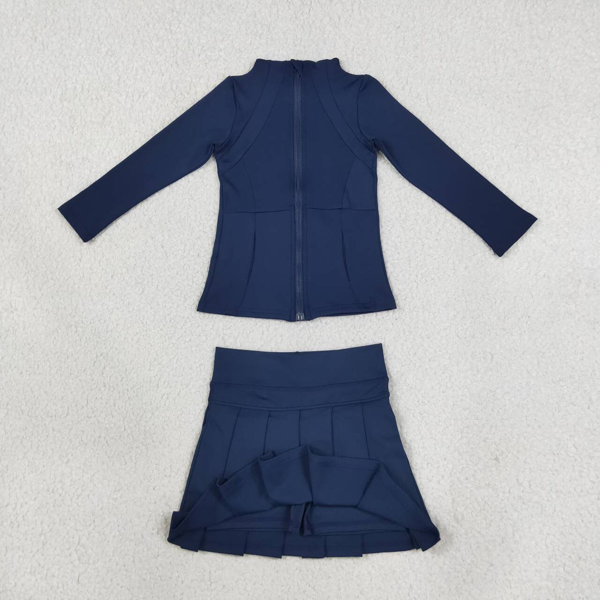 GLD1705 Navy Zipper Top Pleated Skort Girls Yoga Clothes Set