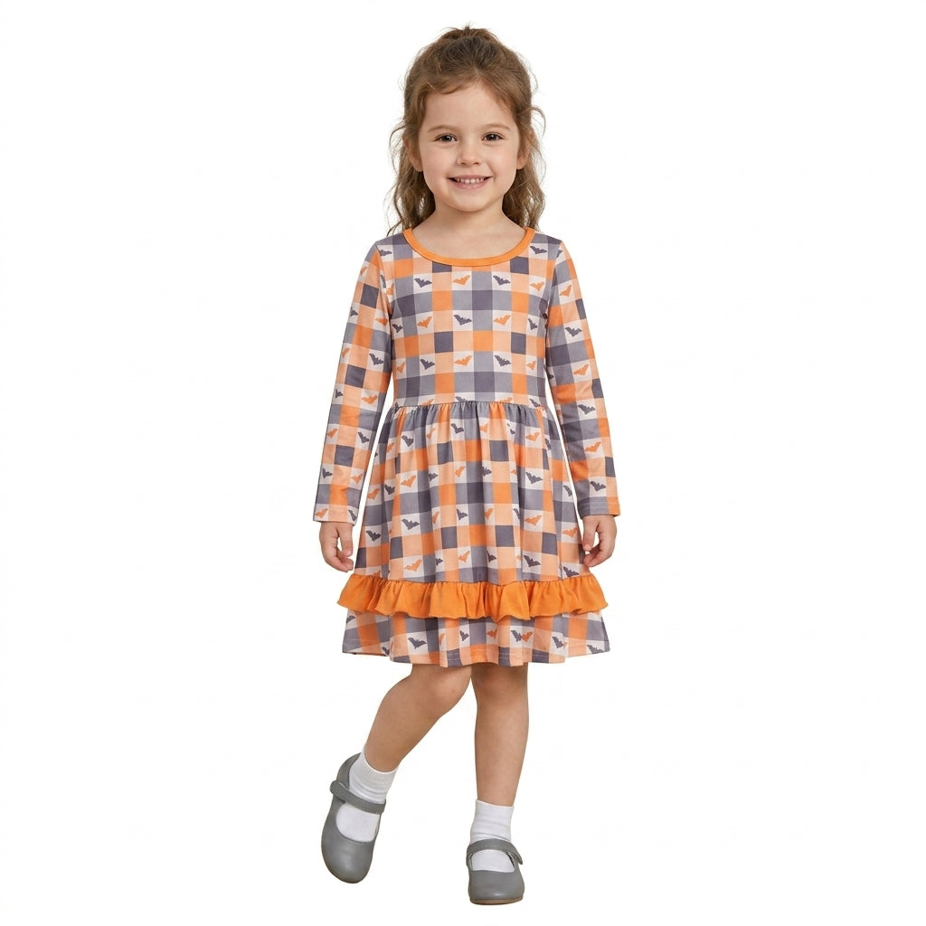 GLD1707 Bat Checkered Print Girls Halloween Ruffle Dress