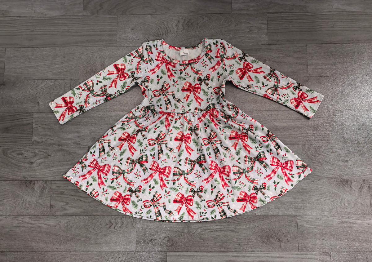 7.23 Preorder Baby Girls Christmas Bow Long Sleeve Dress
