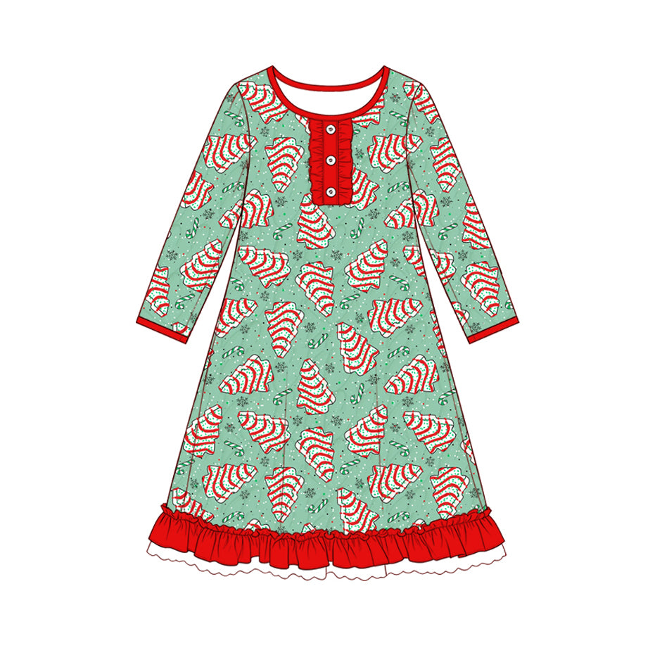 7.29 Preorder Girls Red Christmas Tree Cake Print Long Sleeve Nightgown