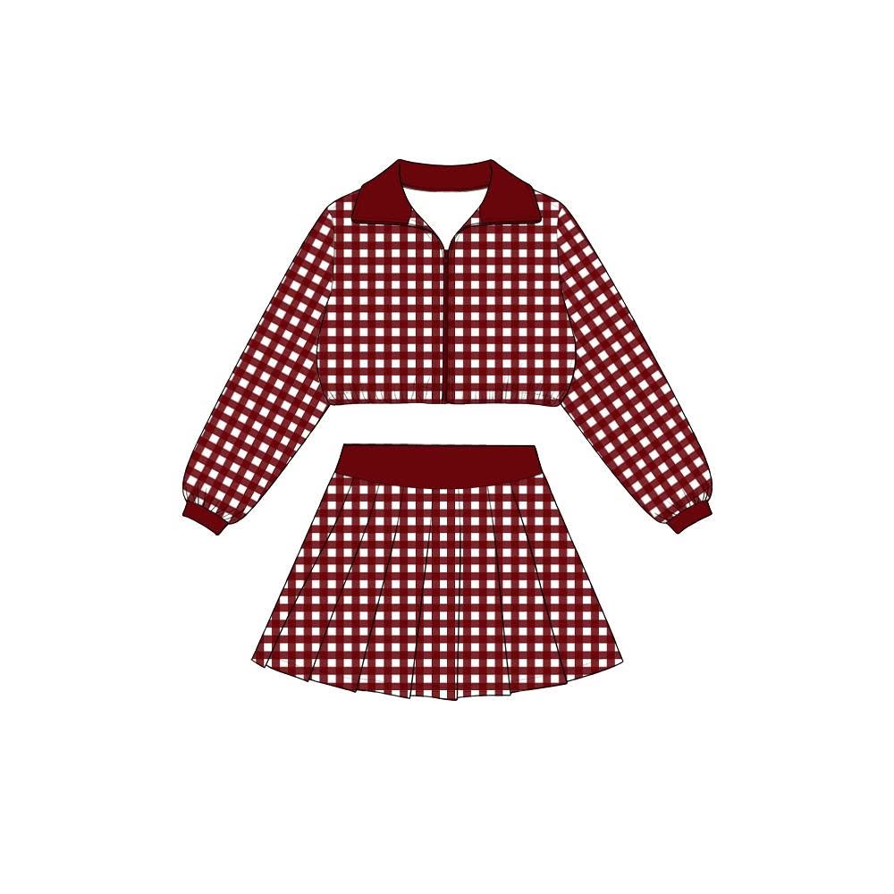 8.8 Preorder Girls Maroon Gingham Pullover Top With Skort Active Outfit