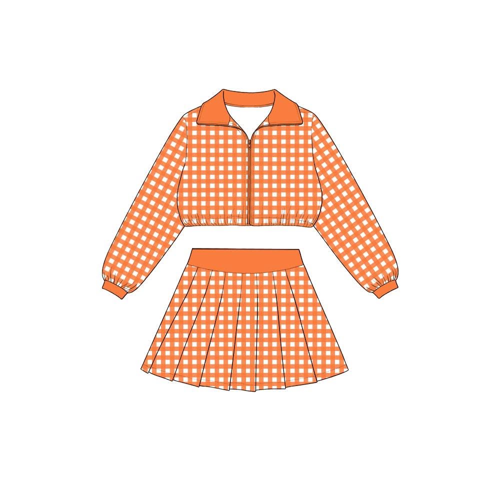 8.8 Preorder Girls Orange Gingham Pullover Top With Skort Active Outfit