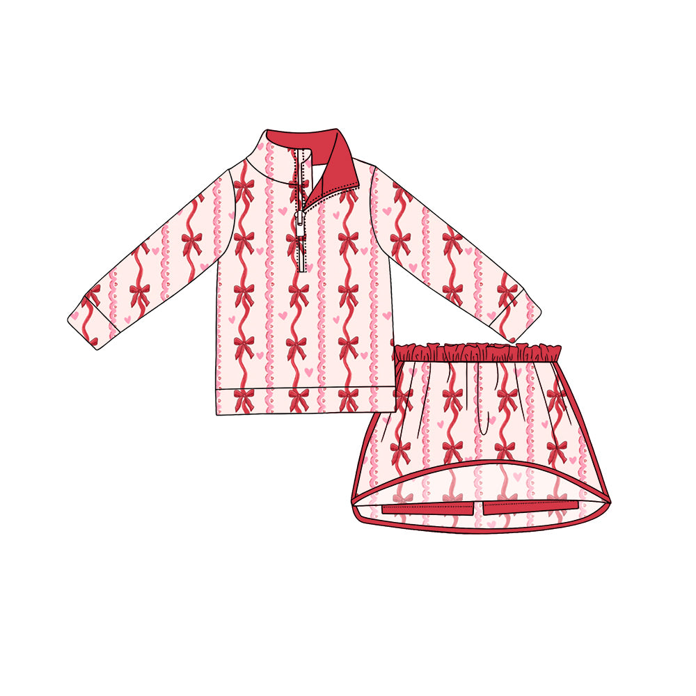 8.10 Preorder Kids Girls Red Bow Heart Long Sleeve Zip Pullover Top with Skort Outfit