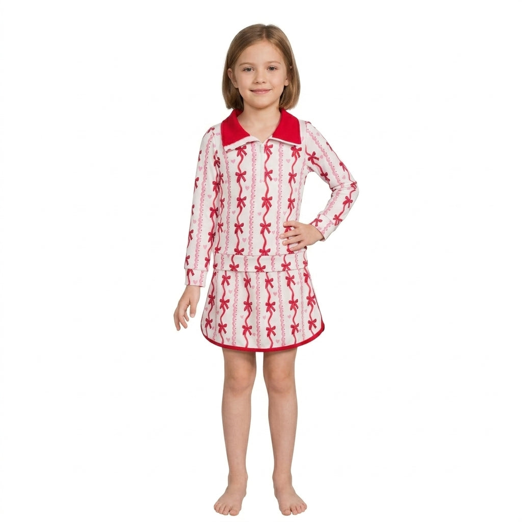 GLD1751 Red Bow Heart Long Sleeve Zip Pullover Top with Skort Girls Valentine's Day Outfit
