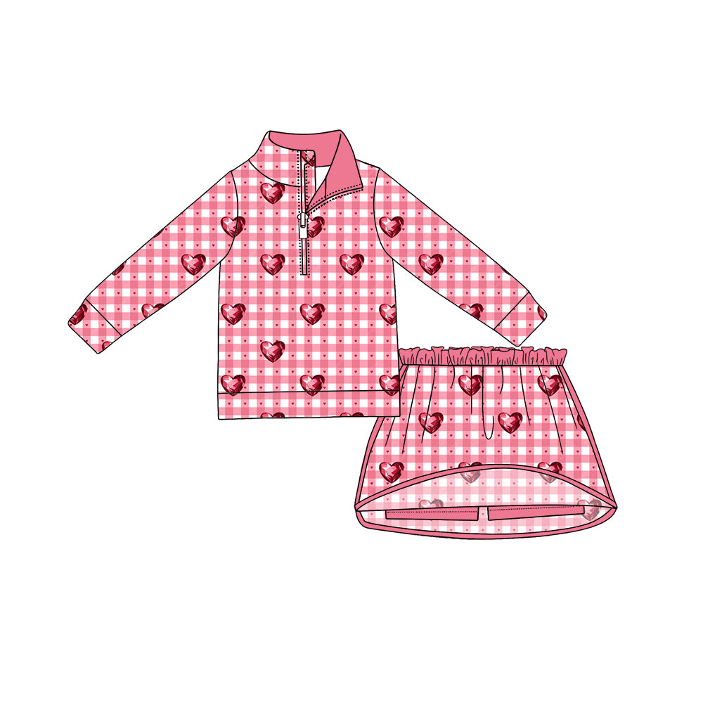 8.10 Preorder Kids Girls Pink Gingham 3D Heart Print Long Sleeve Pullover Top with Skort Outfit