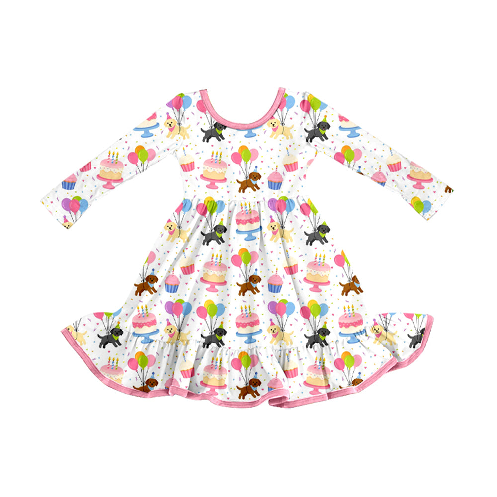 8.10 Preorder Kids Birthday Puppy Cake Balloon Print Long Sleeve Dress
