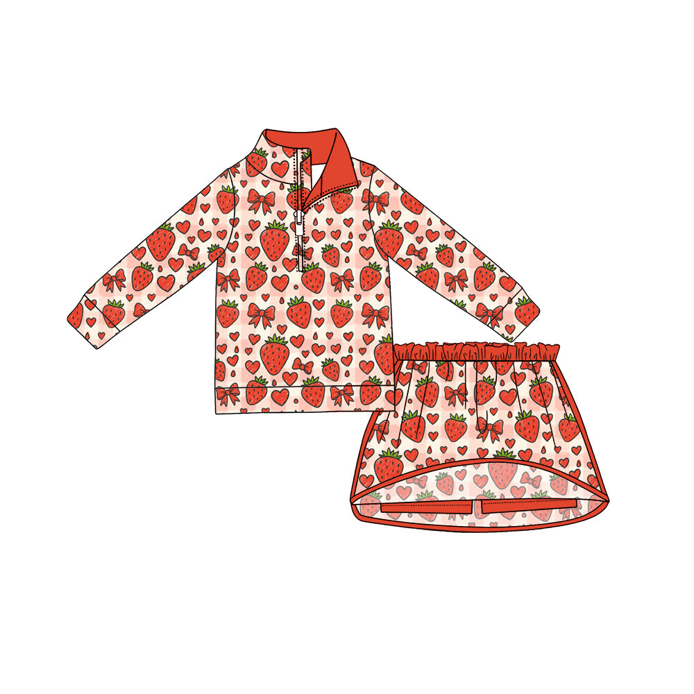 8.12 GLD1754 Preorder Strawberry Bows Hearts Zipper Top Skort Girls Valentine's Day Clothes Set