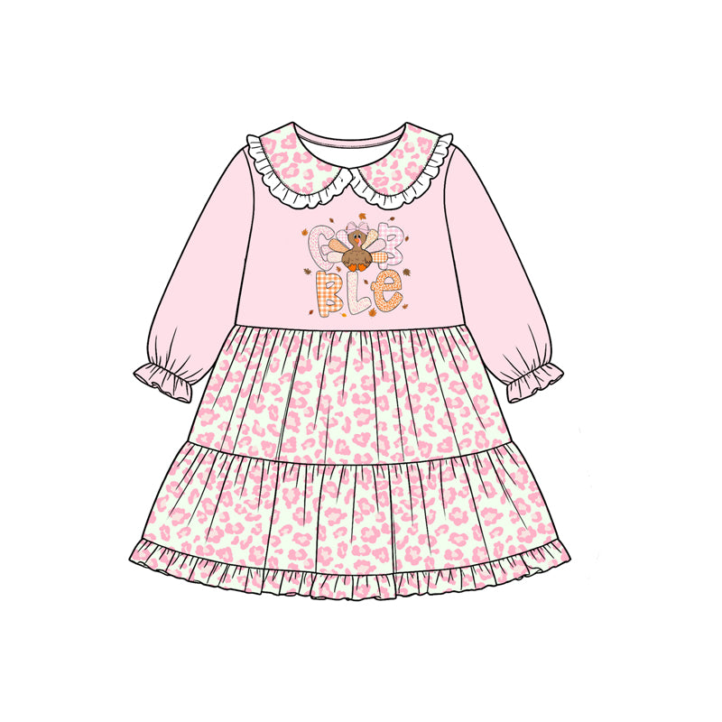 8.12 GLD1756 Preorder Gobble Turkey Pink Leopard Print Girls Thanksgiving Knee Length Dress