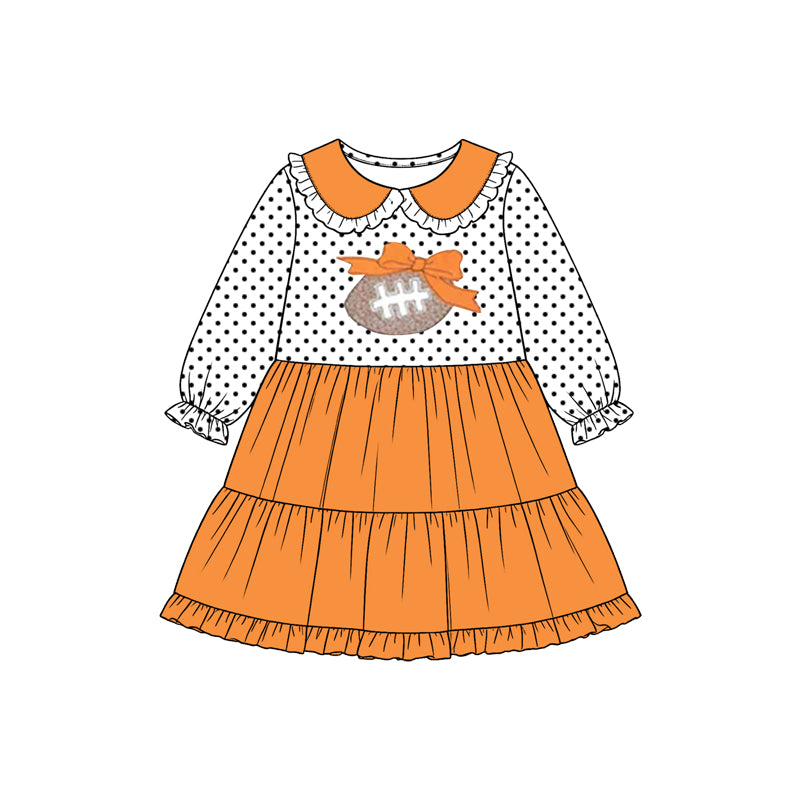 8.14 GLD1758 Preorder Football Bow Dots Print Girls Fall Knee Length Dress