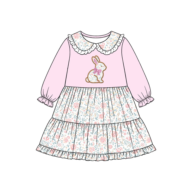 8.15 GLD1759 Preorder Bunny Flowers Pink Print Girls Easter Knee Length Dress