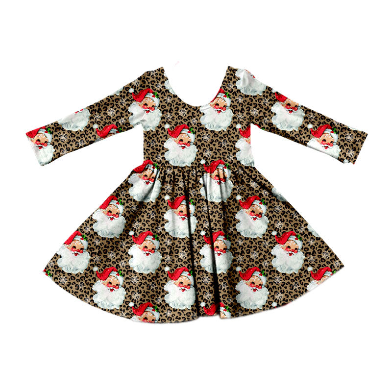 8.15 GLD1761 Preorder Santa Leopard Print Girls Christmas Knee Length Dress