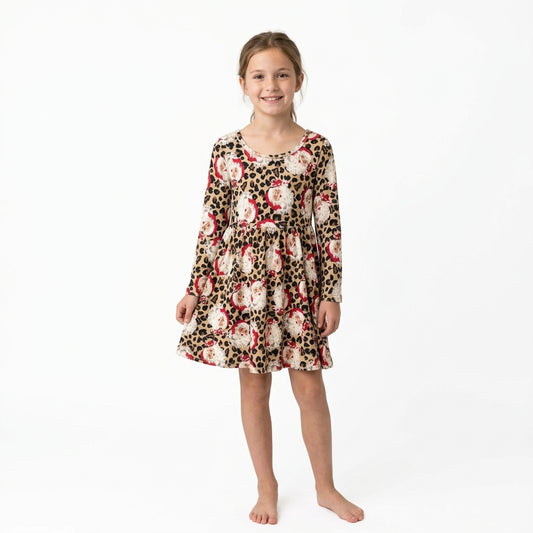 GLD1761 Santa Leopard Print Girls Christmas Knee Length Dress