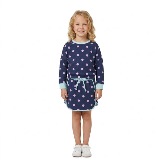 GLD1762 Navy Pink Polka Dot Girls Long Sleeve Top Skort Outfits