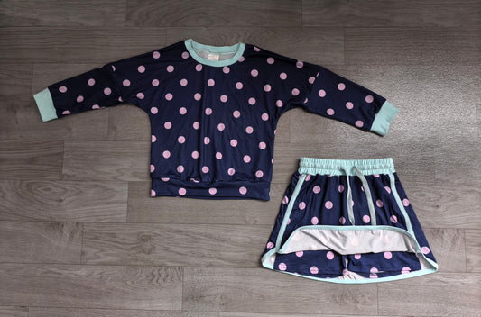 8.15 GLD1762 Preorder Kids Girls Navy Pink Polka Dot Long Sleeve Top with SKort Outfit