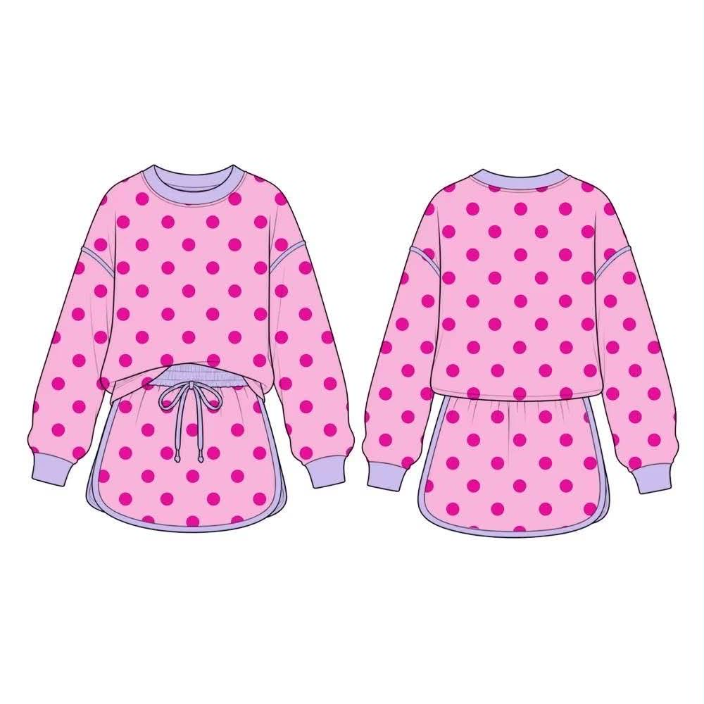 8.15 GLD1763 Preorder Kids Pink Polka Dot Sweatshirt Skirt Set Long Sleeve Cute Little Girls Casual Outfit