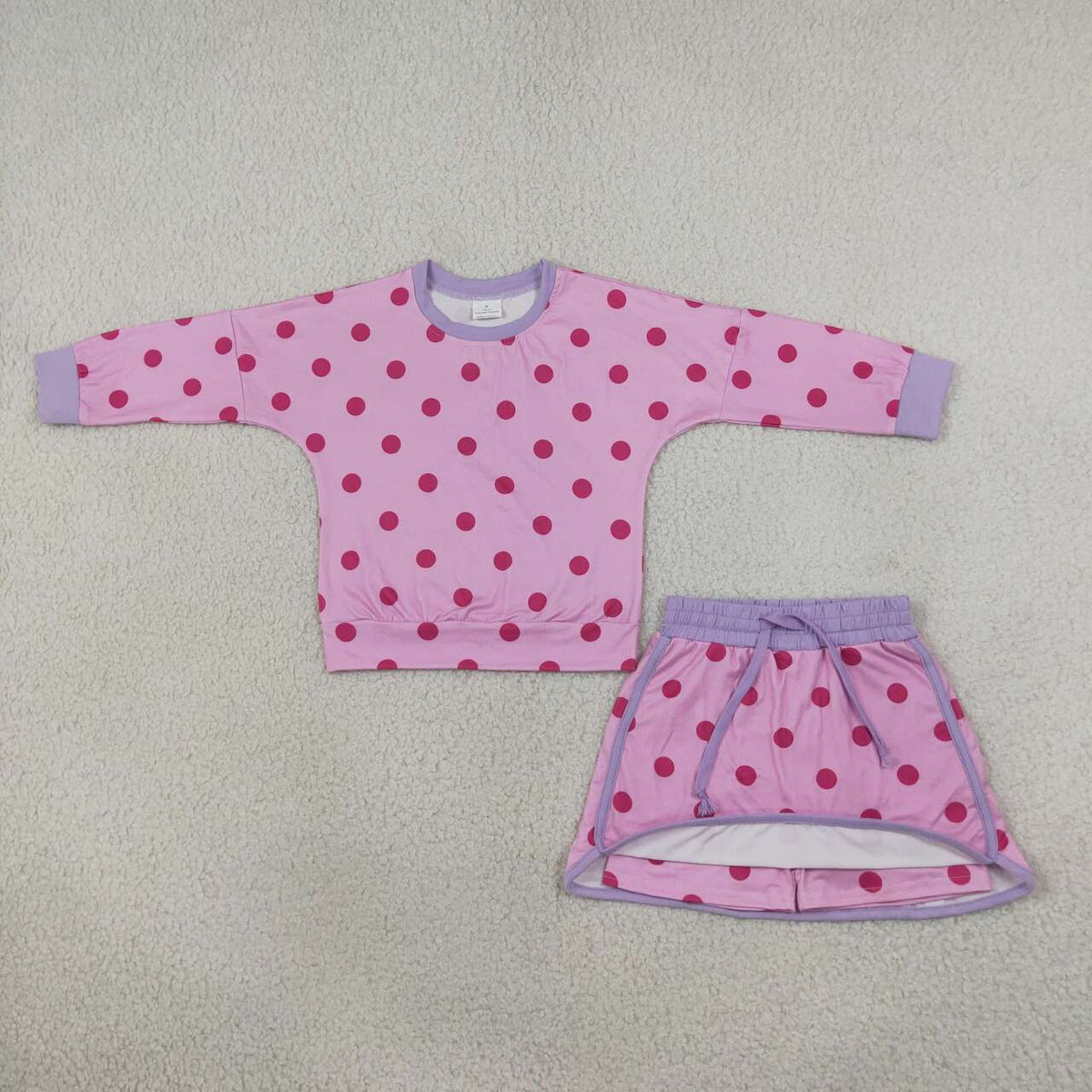 GLD1763 Pink Polka Dot Girls Long Sleeve Top Skort Outfits
