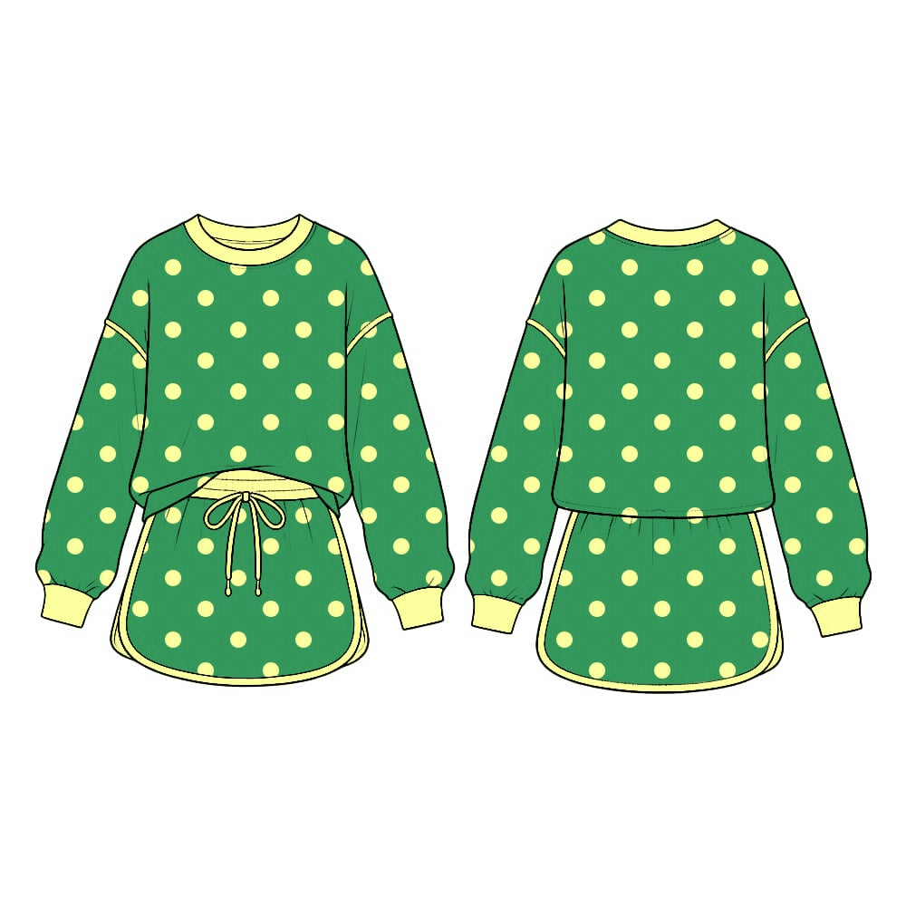 8.15 GLD1764 Preorder KidsGreen Polka Dot Sweatshirt Skirt Set Long Sleeve Top with Skirt Outfit