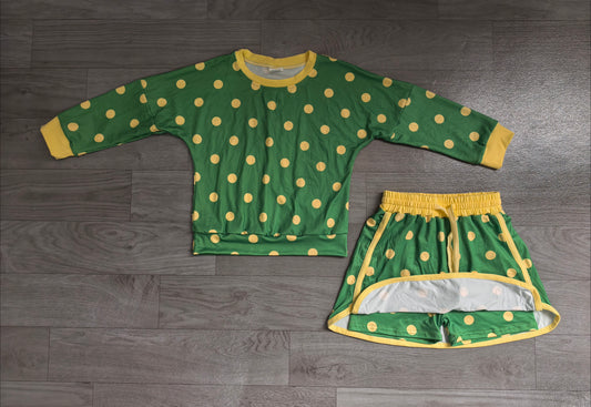8.15 GLD1764 Preorder KidsGreen Polka Dot Sweatshirt Skirt Set Long Sleeve Top with Skirt Outfit