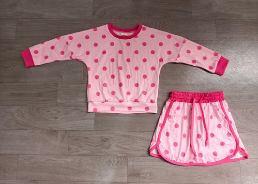 8.15 GLD1765 Preorder Kids Light Pink Polka Dot Sweatshirt Skirt Set Long Sleeve Top with Skirt Outfit