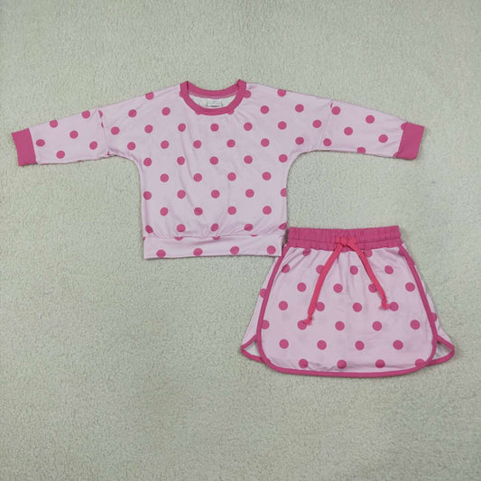 GLD1765 Light Pink Polka Dot Girls Long Sleeve Top Skort Outfits