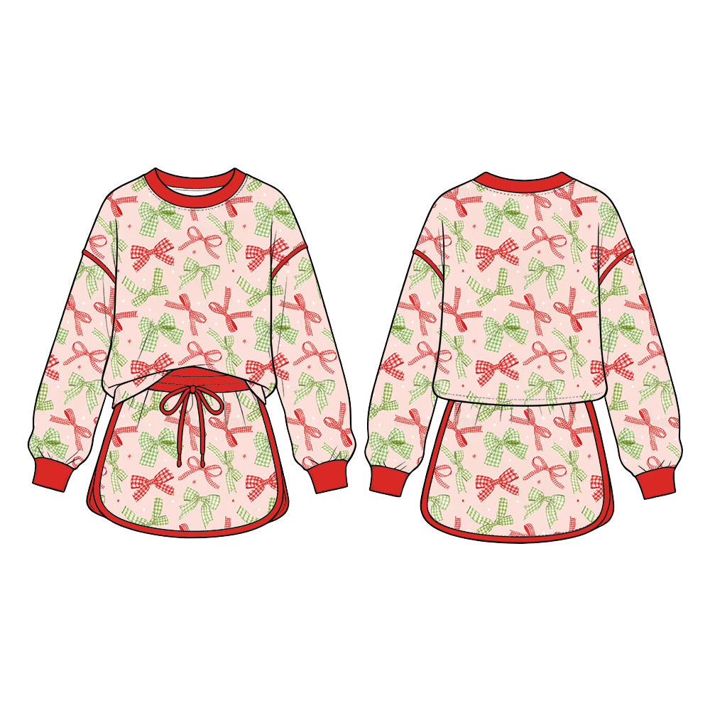 8.22 Preorder GLD1774 Red Green Bows Print Long Sleeve Top Skort Girls Christmas Clothes Set