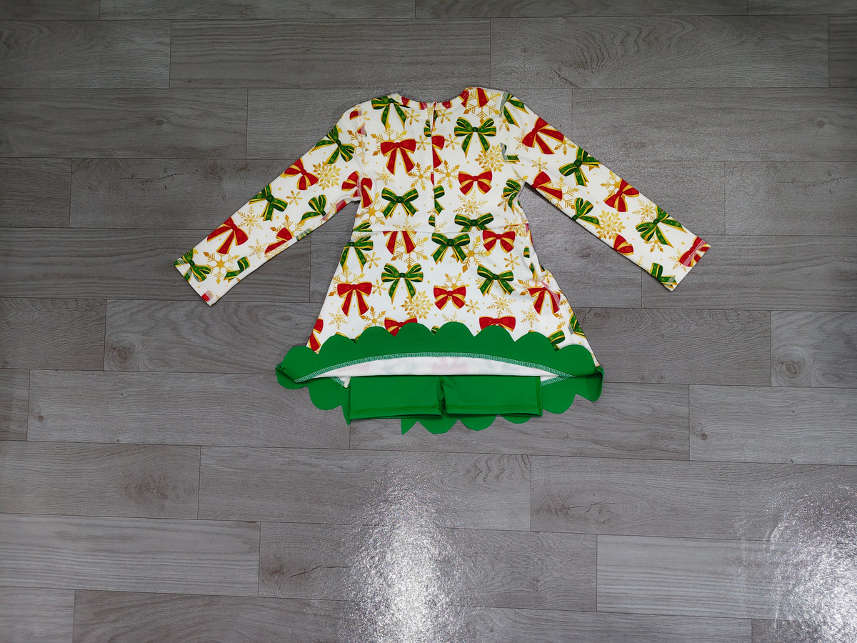 8.28 GLD1781 Preorder Red Green Bows Print Girls Christmas Yoga Dress