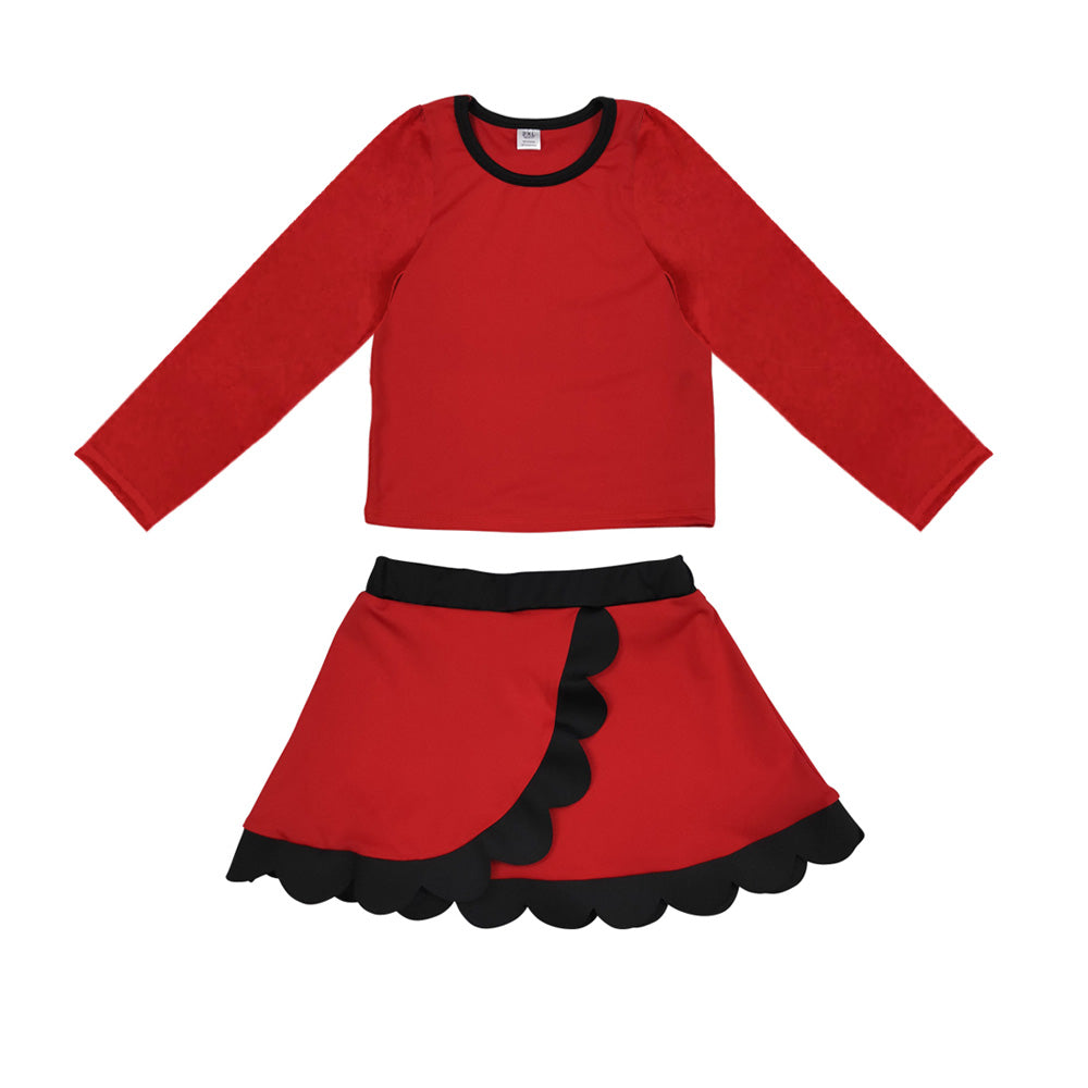 8.29 GLD1786 Preorder Baby Girls Red Long Sleeve Top Black Scalloped Skort Active