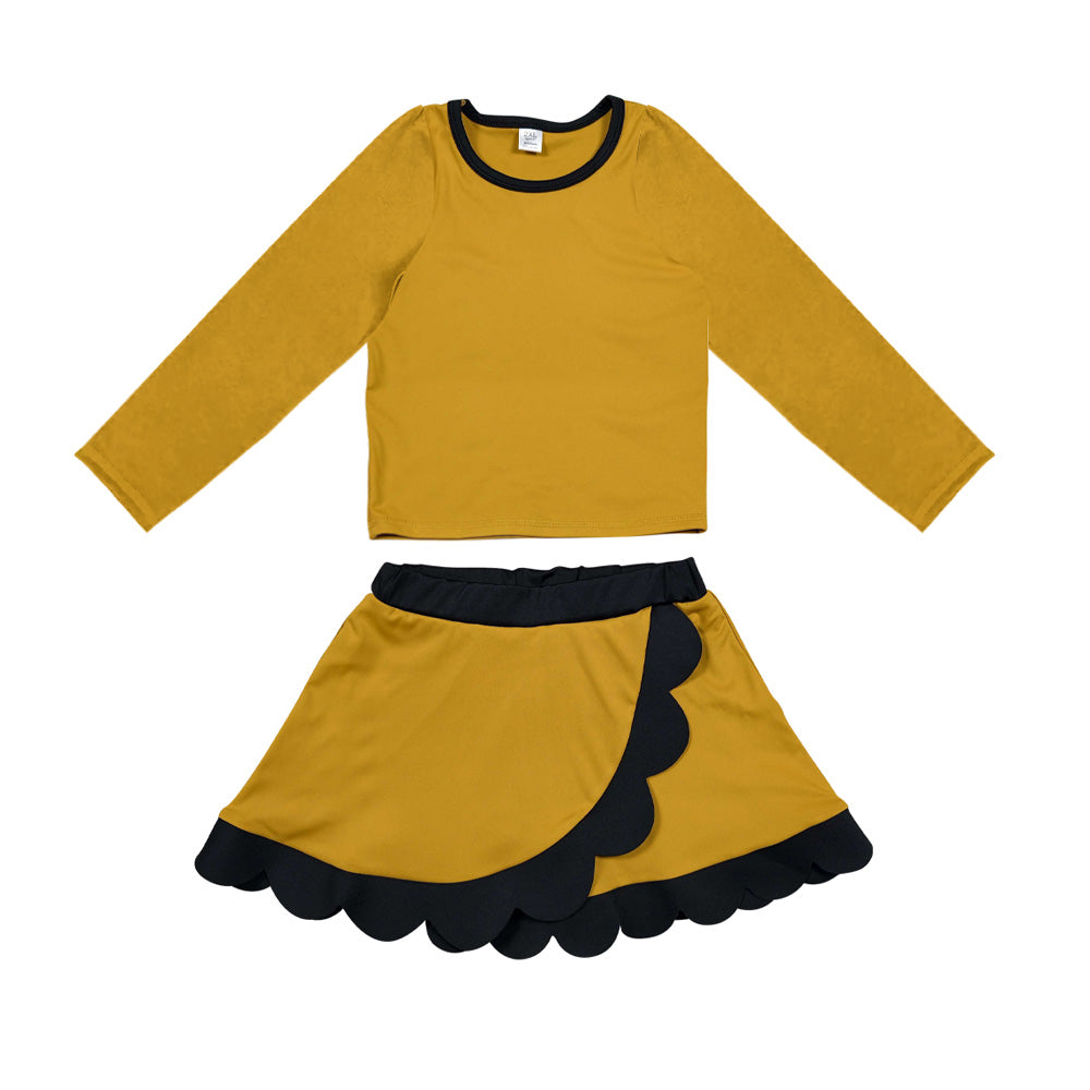 8.29 GLD1786 Preorder Baby Girls Mustard Long Sleeve Top Black Scalloped Skort Active Set
