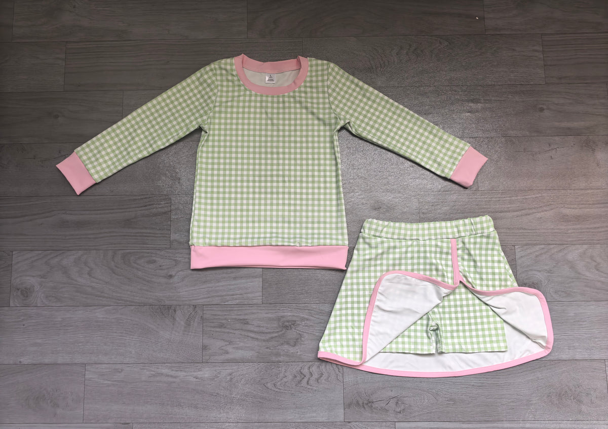 9.7 GLD1800 Preorder Green Checkered Pink Edge Top Skirts Girls Yoga Clothes Set