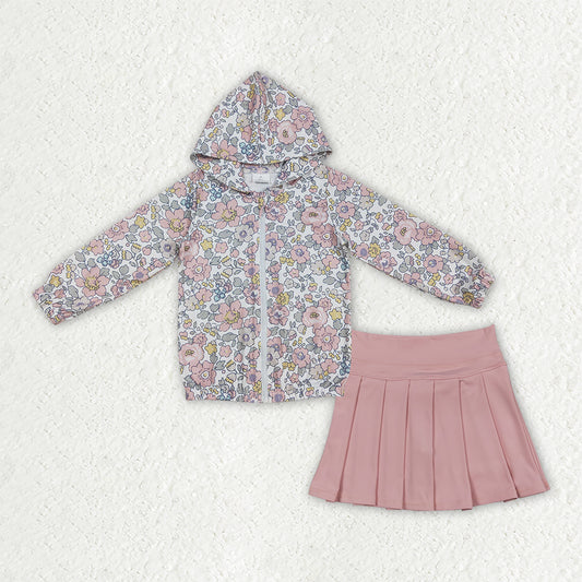 GLD1815 Baby Girls Floral Hoodie Jacket Top Pink Pleated Skirts Active Outfit