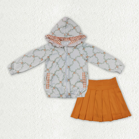 GLD1816 Pumpkin Hoodie Jacket Top Orange Pleated Skirts Girls Fall Active Clothes Set
