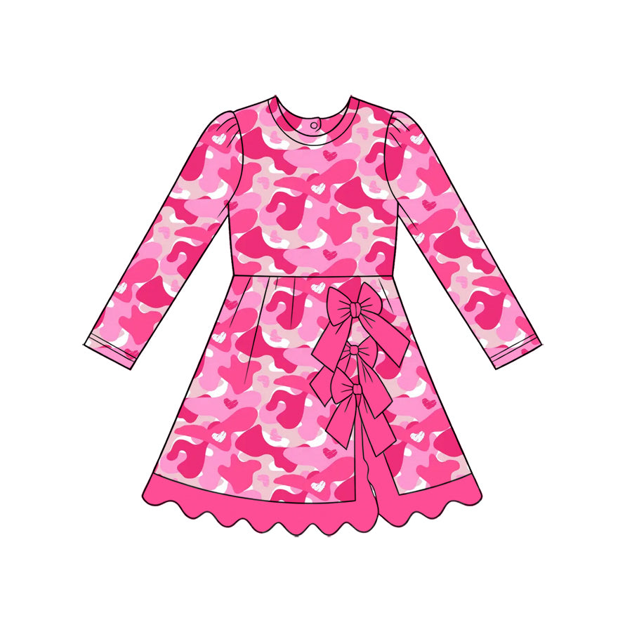 GLD1818 Preorder Kids Girls Valentines Hot Pink Leopard Heart Long Sleeve Active Dress