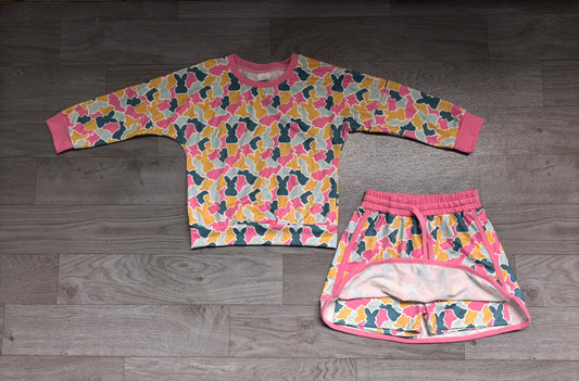 9.12 GLD1825 Preorder Colorful Bunny Camo Print Long Sleeve Top Skirts Girls Easter Clothes Set