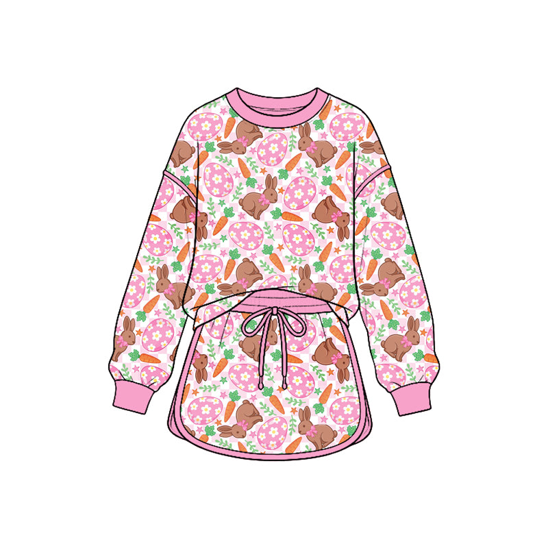 9.25 GLD1830 Preorder Bunny Eggs Carrot Checkered Print Long Sleeve Top Skort Girls Easter Clothes Set