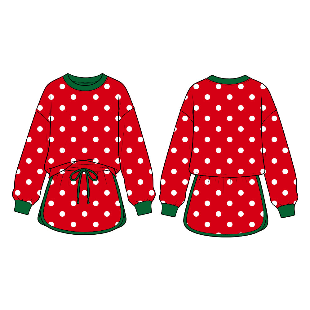 10.5 GLD1832 Preorder Red Dots Print Long Sleeve Top Skirts Girls Christmas Clothes Set