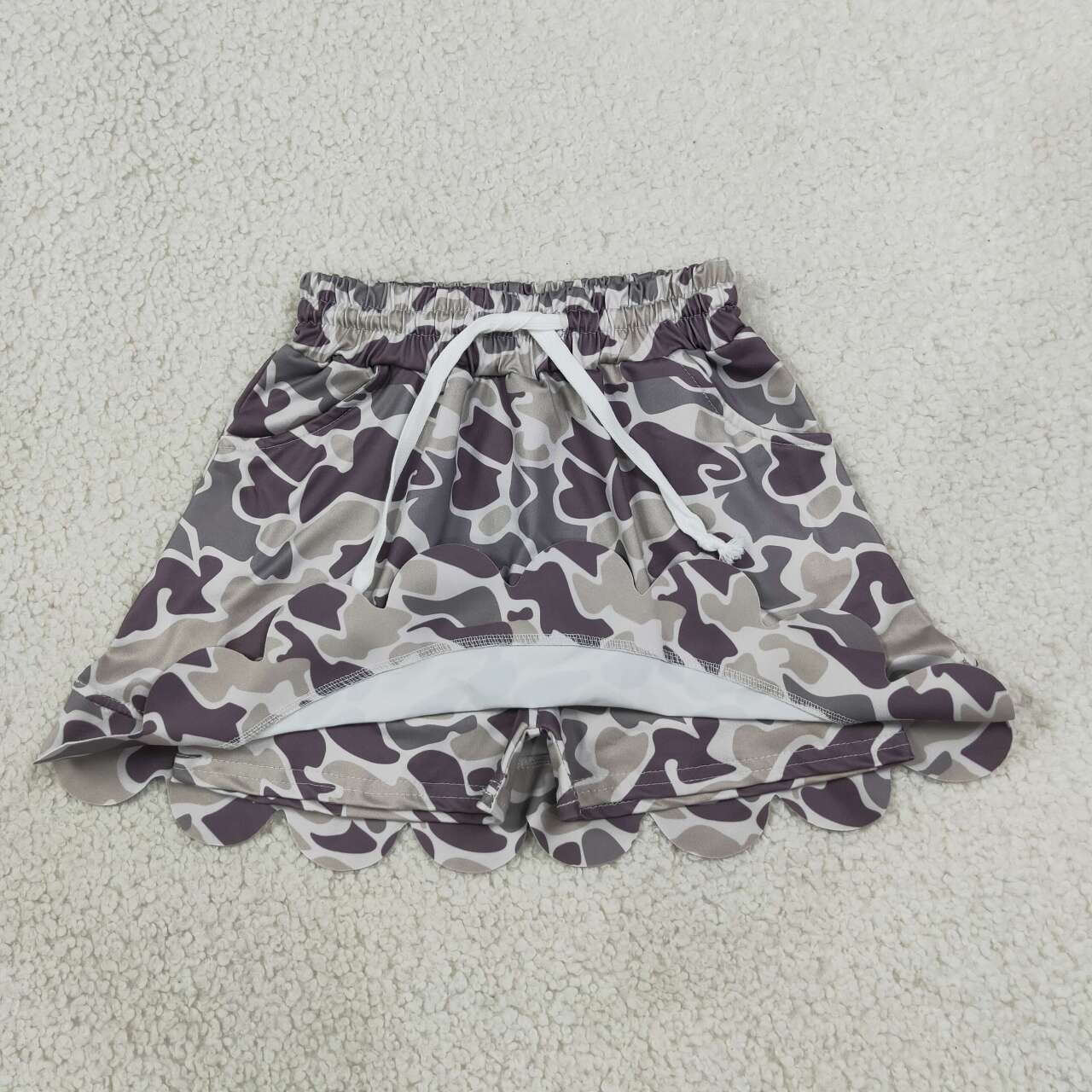 GLK0297 Dark Brown Grey Camo Baby Girls Scallop Bottom Skort