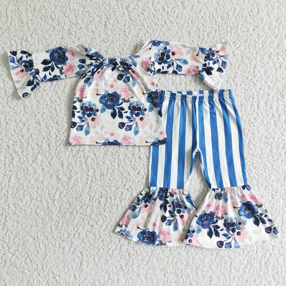 (Promotion) GLP0004 Navy Pink Flowers Top Bell Pants Girls Clothes Set