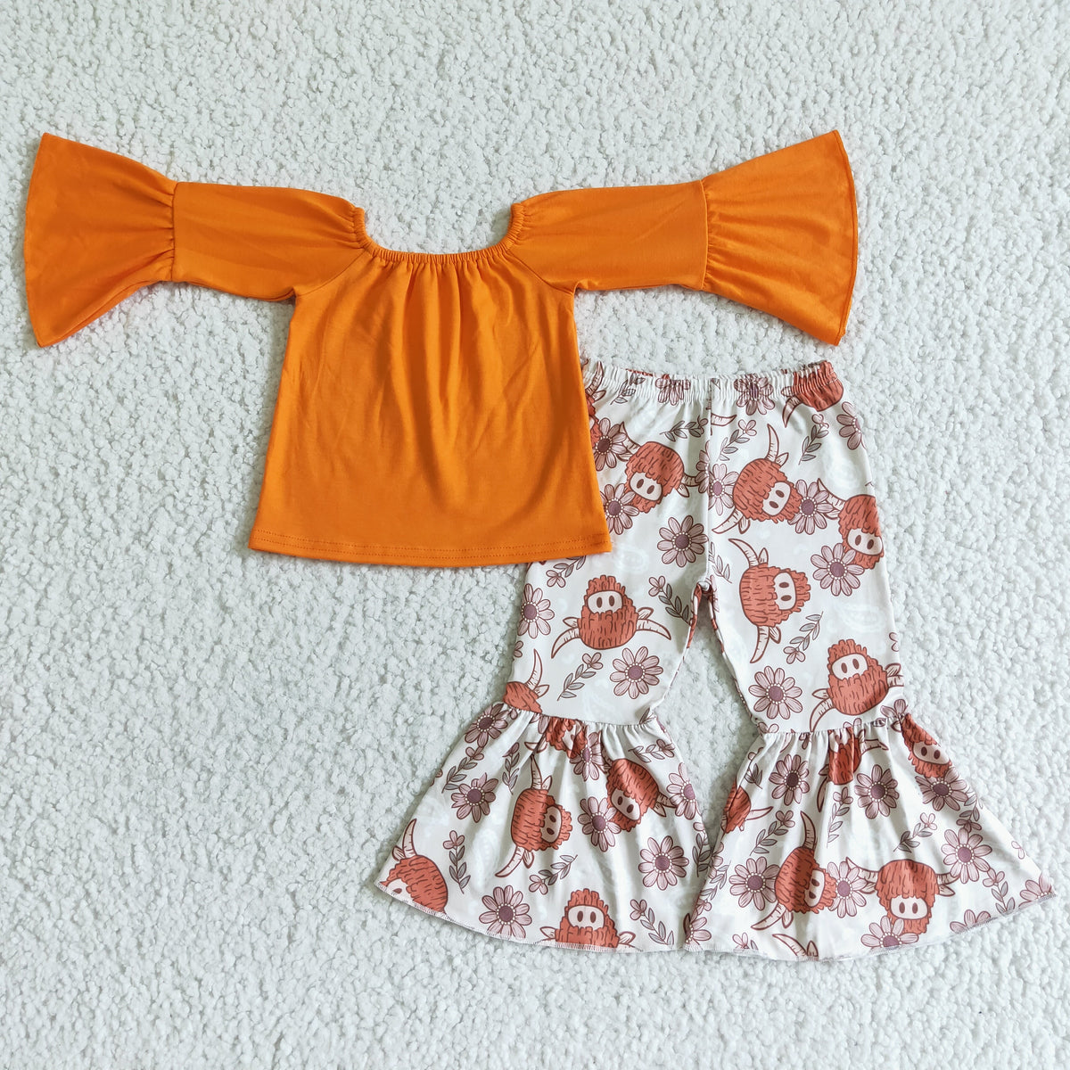 GLP0009 Orange Top Highland Cow Bell Pants Girls Clothes Set