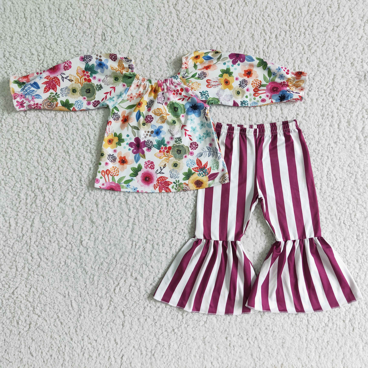 GLP0013 Colorful Flowers Top Stripes Bell Pants Girls Clothes Set