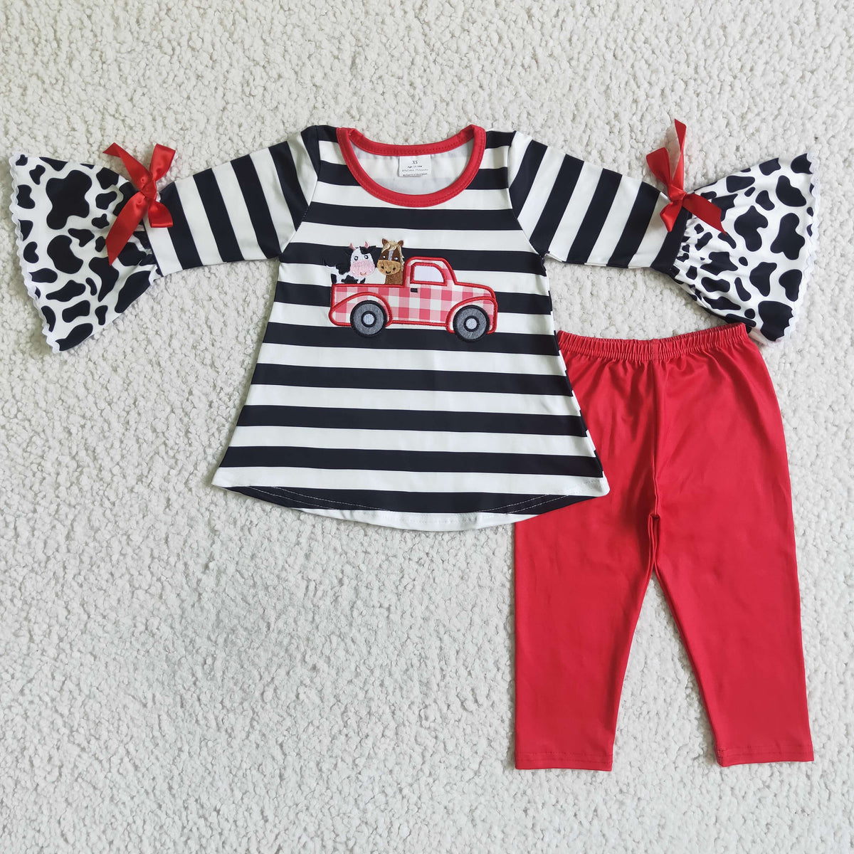 GLP0031 Cow Horse Trucks Embroidery Stripes Top Red Pants Girls Clothes Set